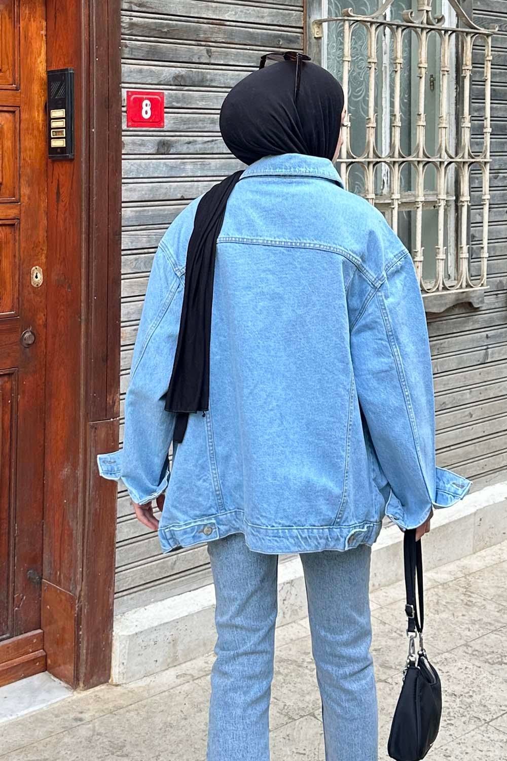 Çift Cepli Oversize Ceket Buz Mavisi