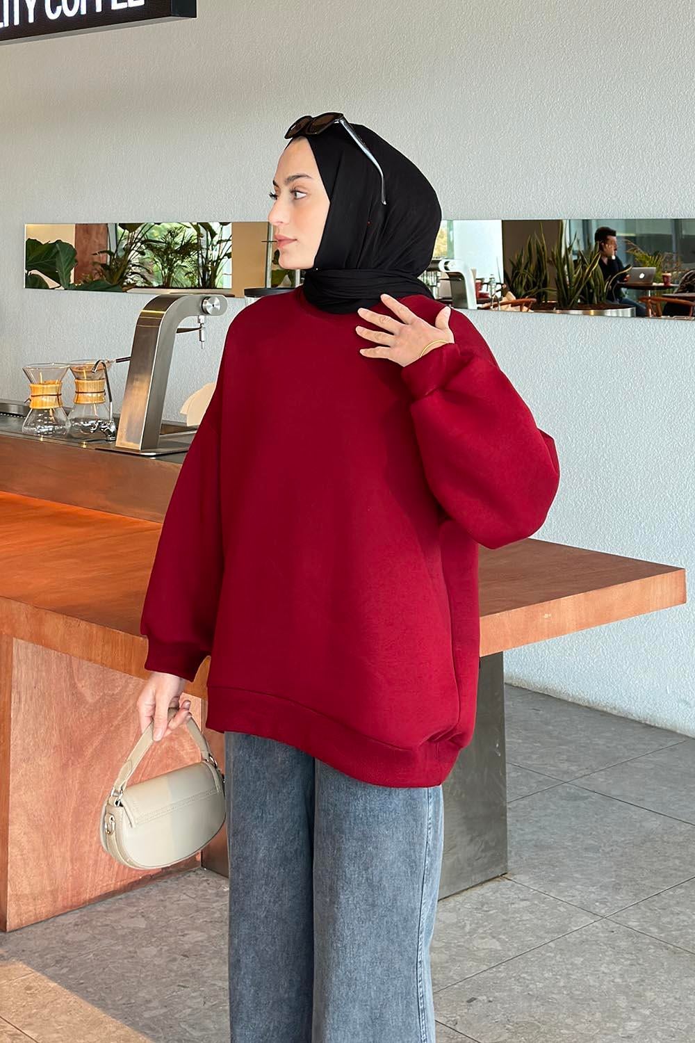 Jasmin Bisiklet Yaka Oversize Sweat Bordo