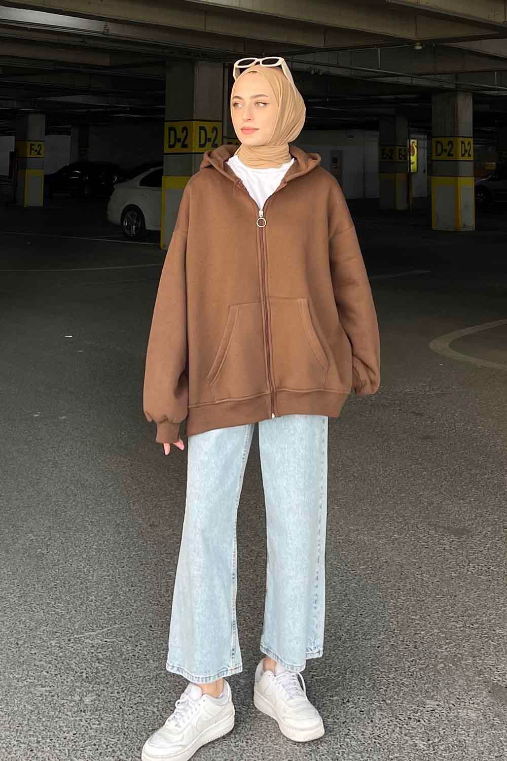 Kapüşonlu Oversize Yan Cepli Sweat Acı Kahverengi