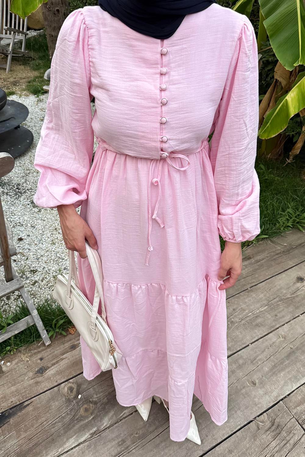 Bel Büzgülü Tesettür Elbise Pembe