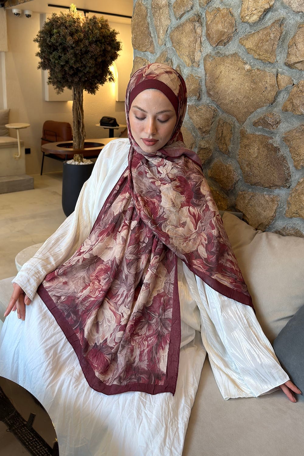 Vintage Flower Desen Bambu Şal Bordo