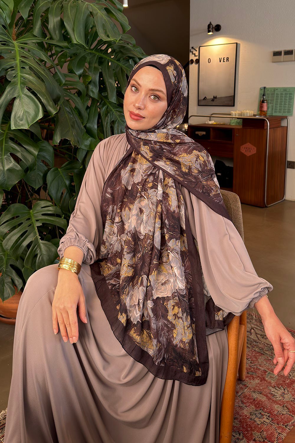 Vintage Flower Desen Bambu Şal Koyu Kahve