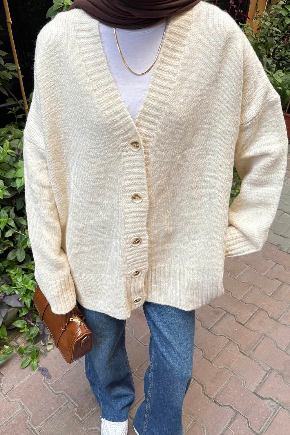 Salaş Dokulu Basic Hırka Natural