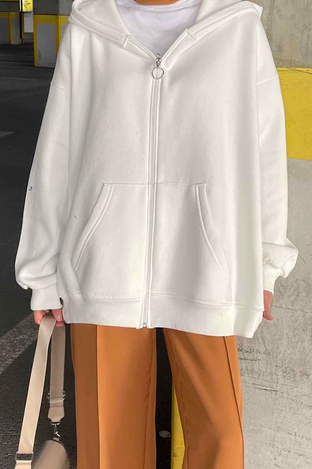 Kapüşonlu Oversize Yan Cepli Sweat Beyaz