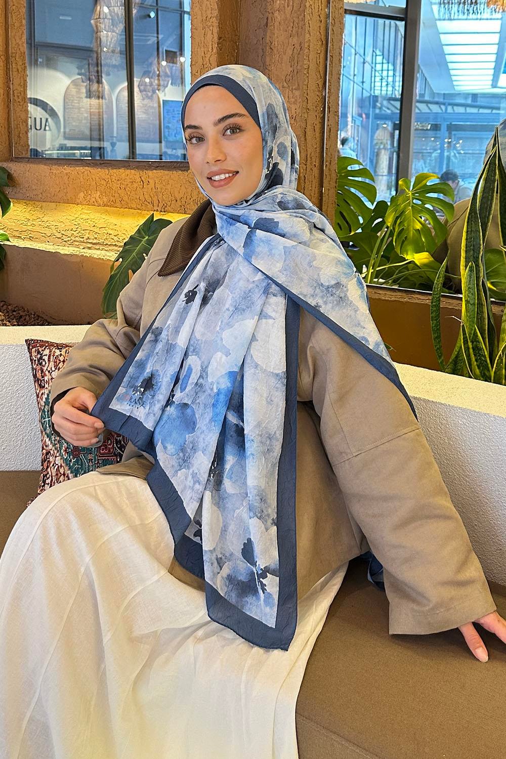 Batik Çiçek Desen Bambu Şal İndigo
