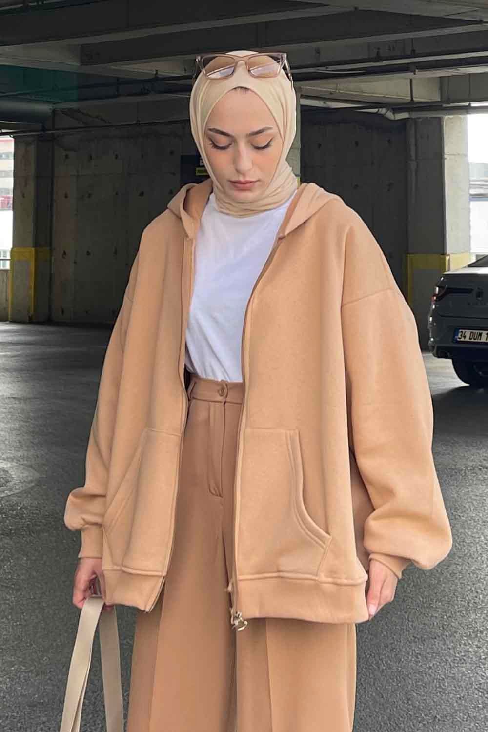 Kapüşonlu Oversize Yan Cepli Sweat Sütlü Kahve