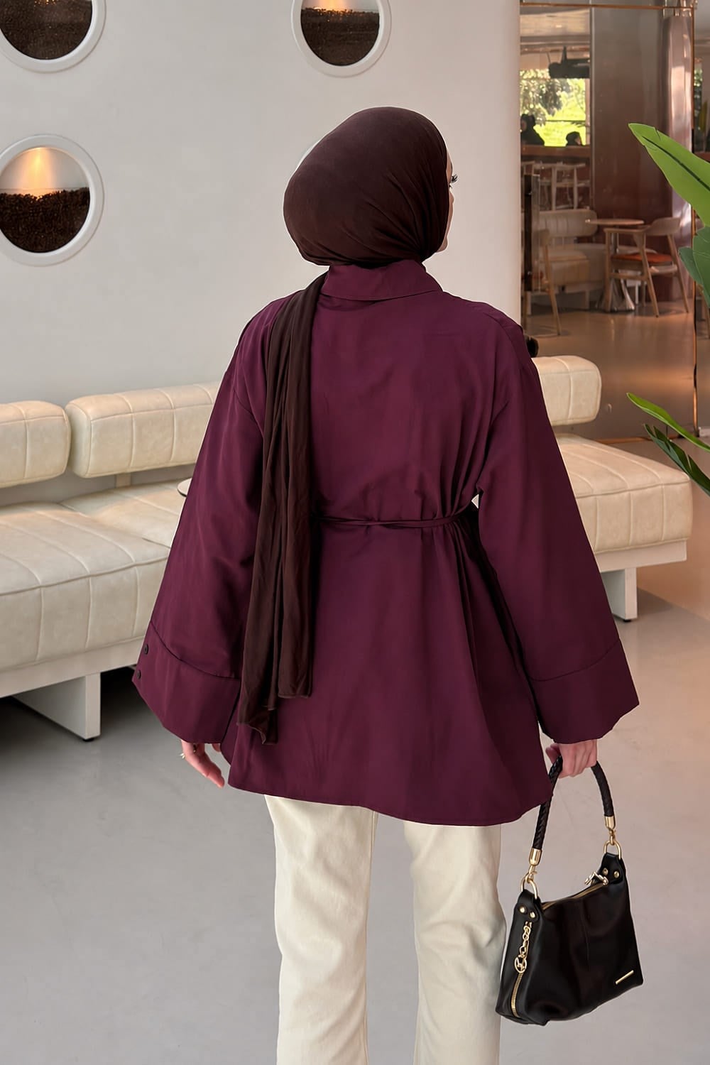 Bağlama Detaylı Takma Manşet Gömlek Bordo