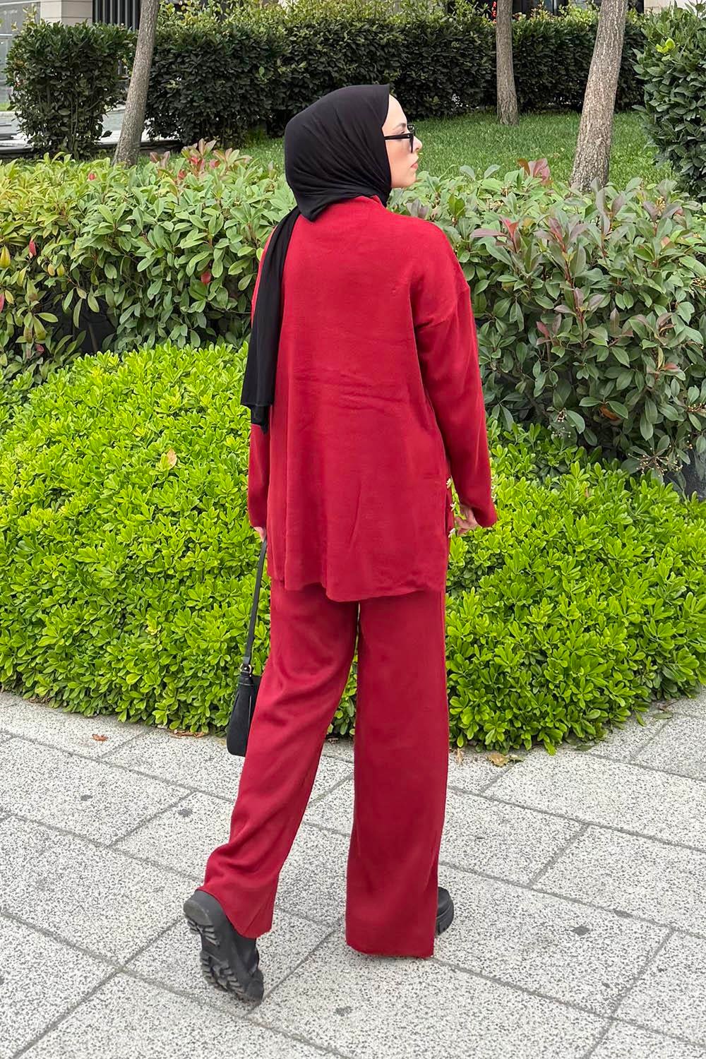 Düğme Detaylı Triko Takım Bordo