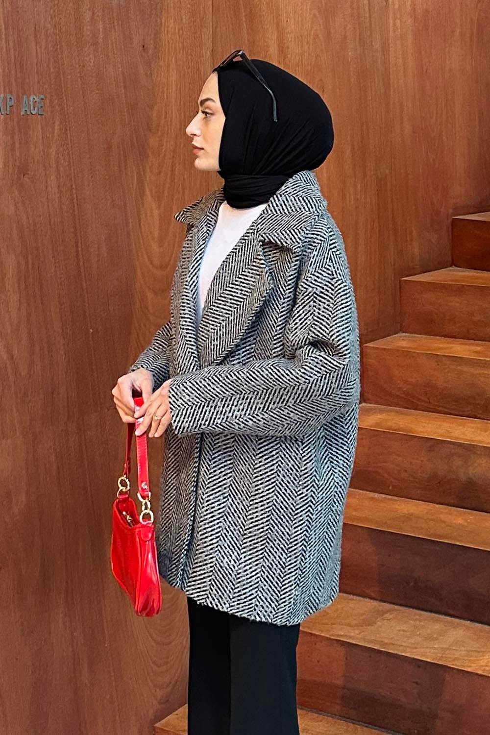 Balık Sırtı Kruvaze Kaban Gri