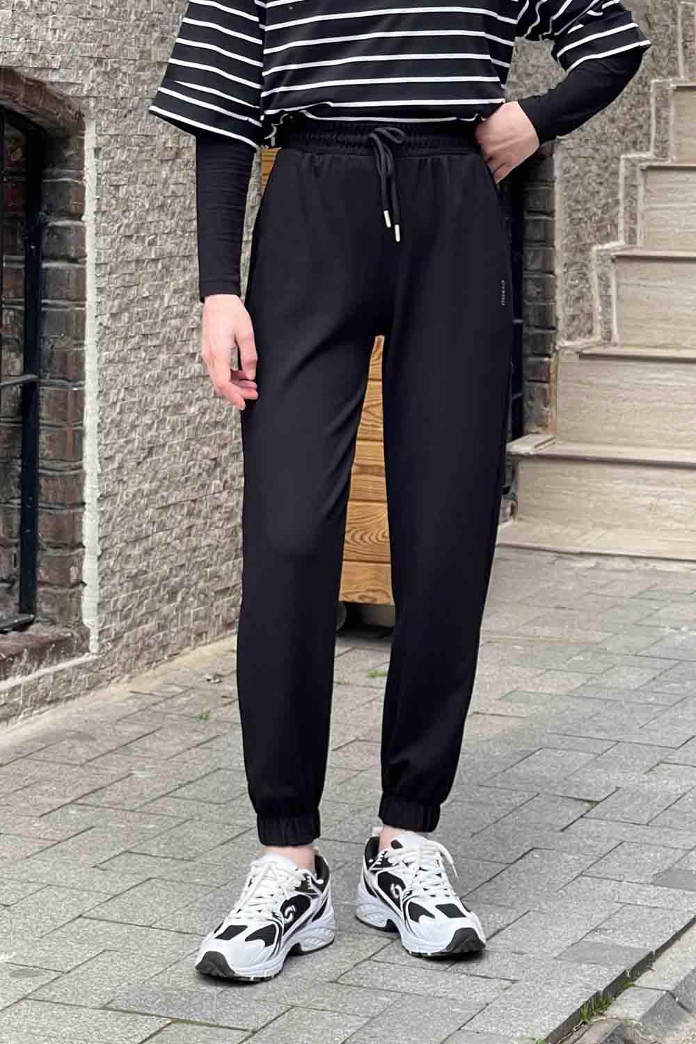 Modal Kumaş Paça Lastik Detay Eşofman Siyah