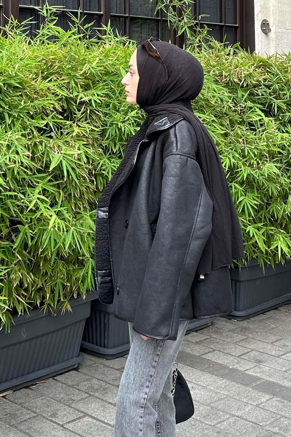 Süet Düğmeli Mont Siyah