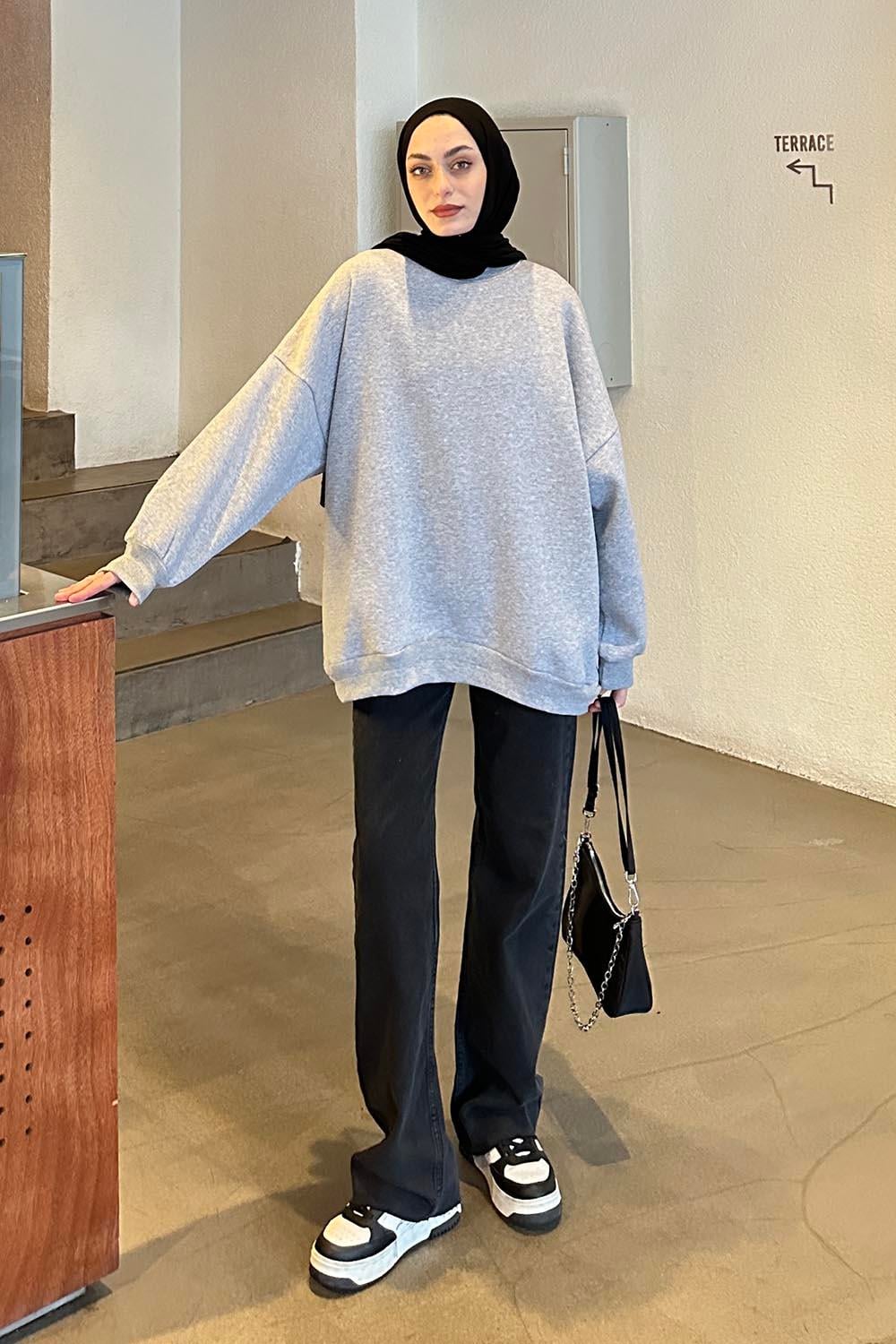 Jasmin Bisiklet Yaka Oversize Sweat Gri