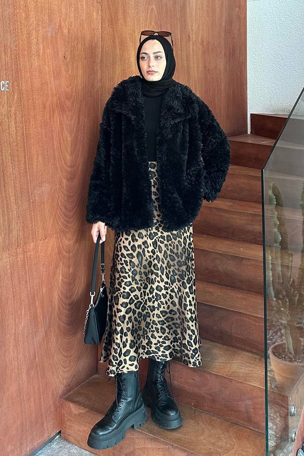 Peluş Detaylı Mont Siyah