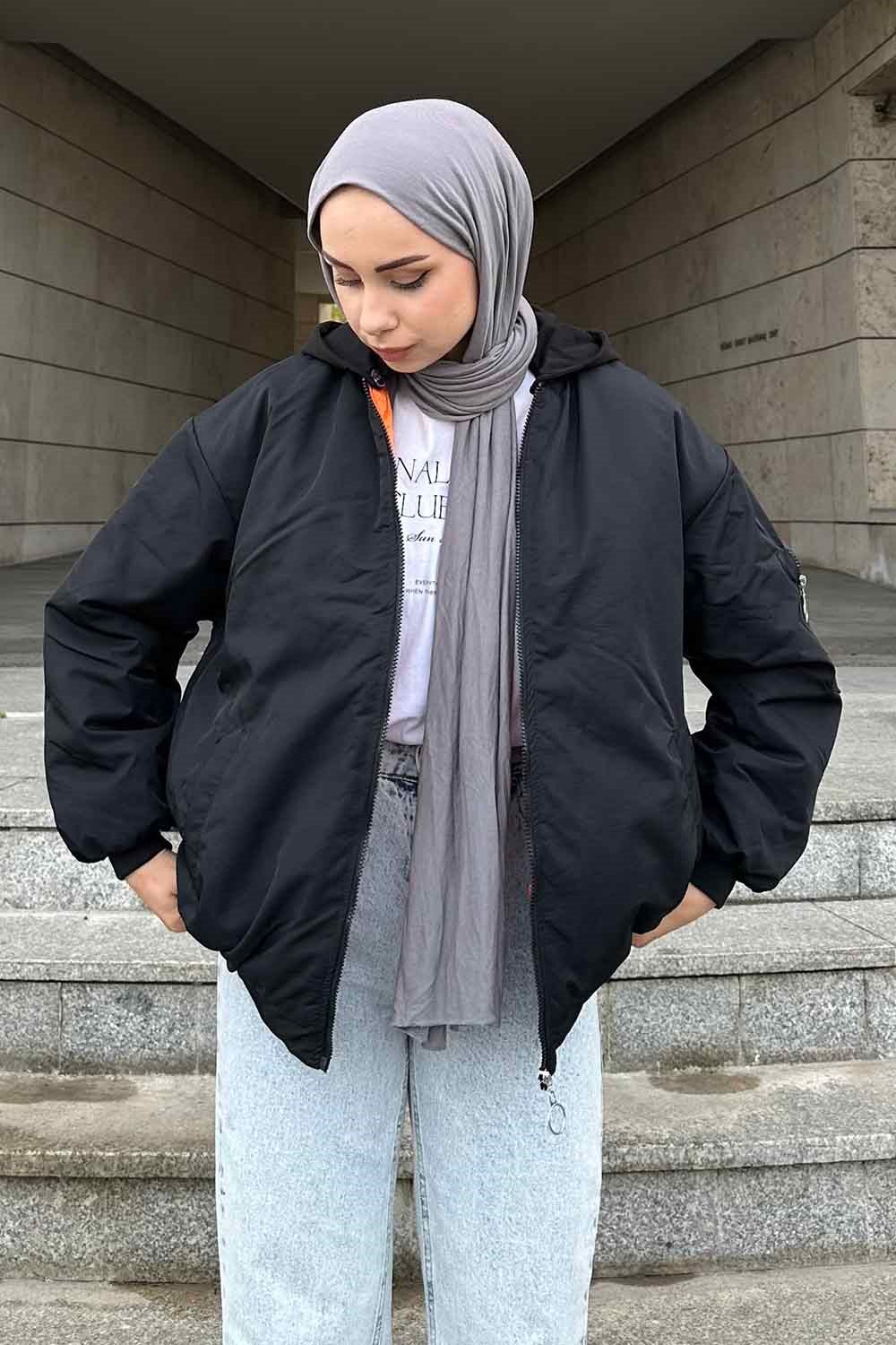 Arka Baskı Detaylı Mont Siyah