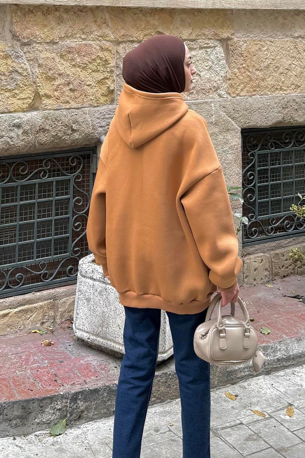 Kapüşonlu Oversize Yan Cepli Sweat Camel