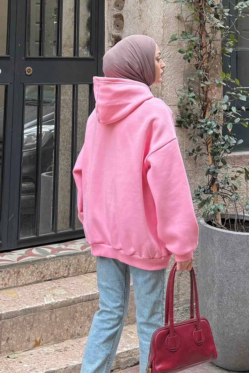 Kapüşonlu Oversize Yan Cepli Sweat Şeker Pembesi