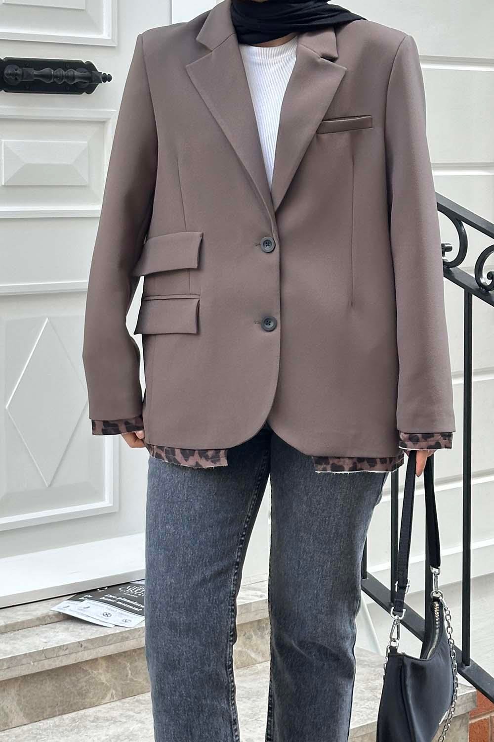 Leopar Detaylı Blazer Ceket vizonrengi