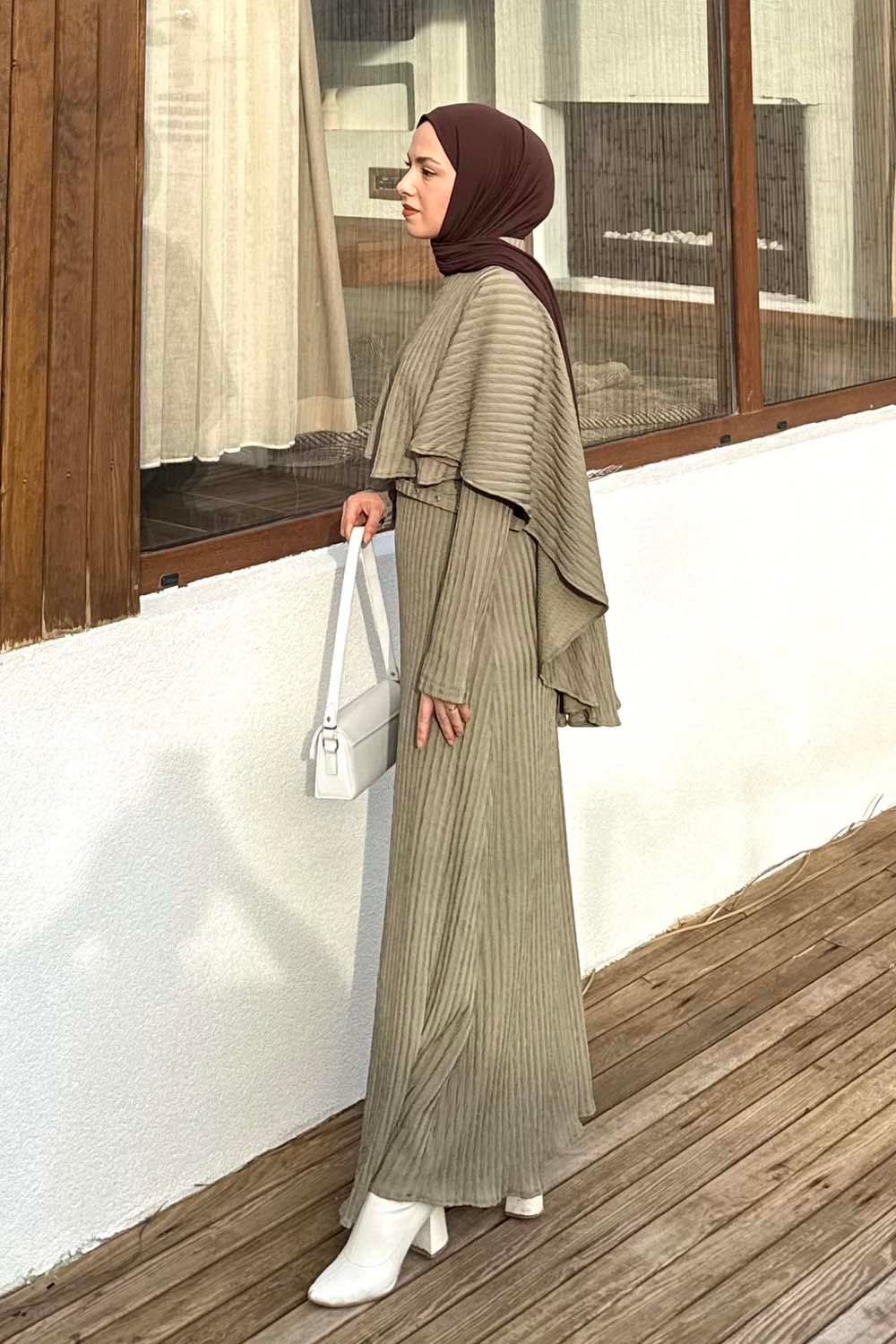Balıksırtı Kemerli Elbise Haki