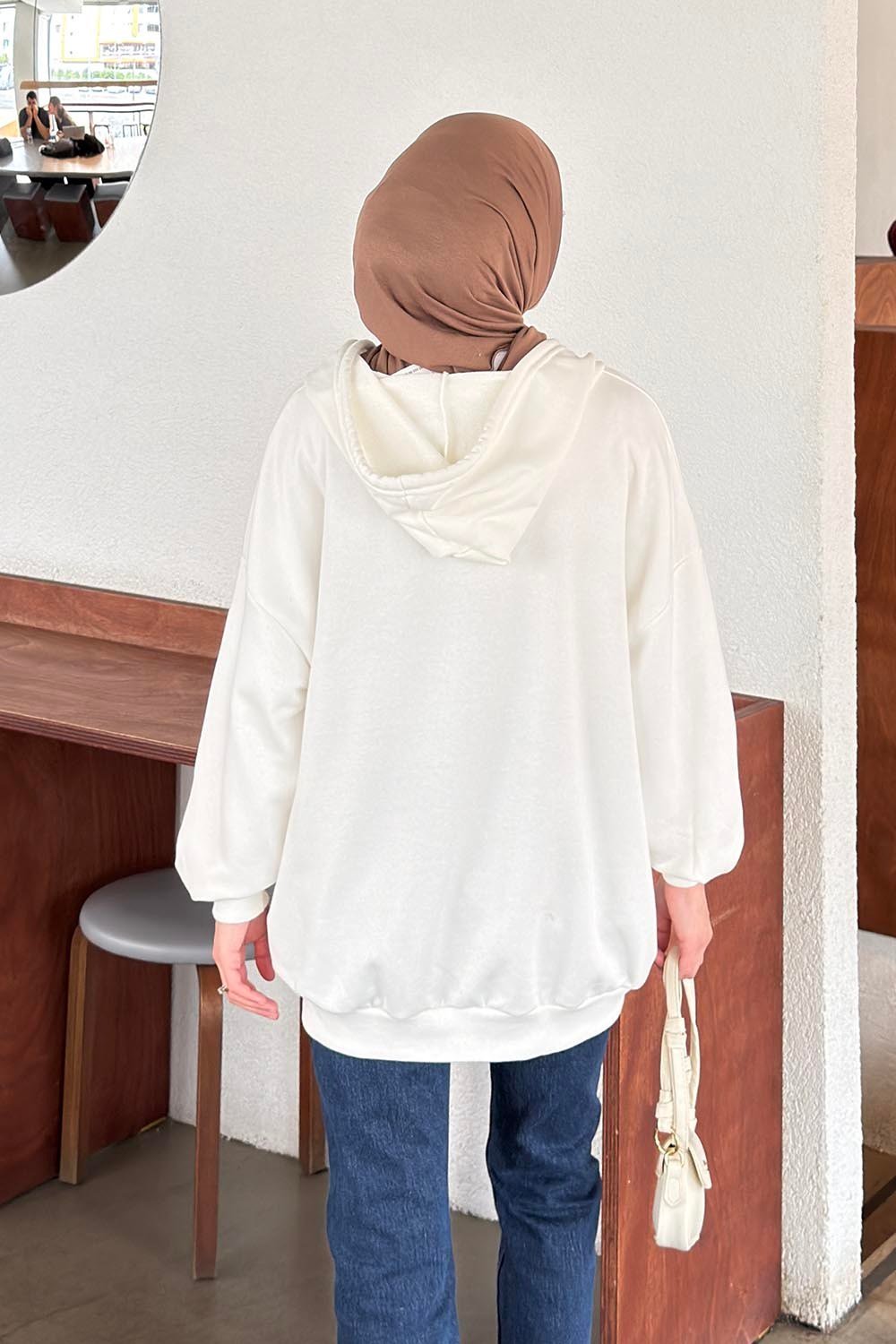 Kapüşonlu Fermuarlı Sweatshirt Hırka Beyaz