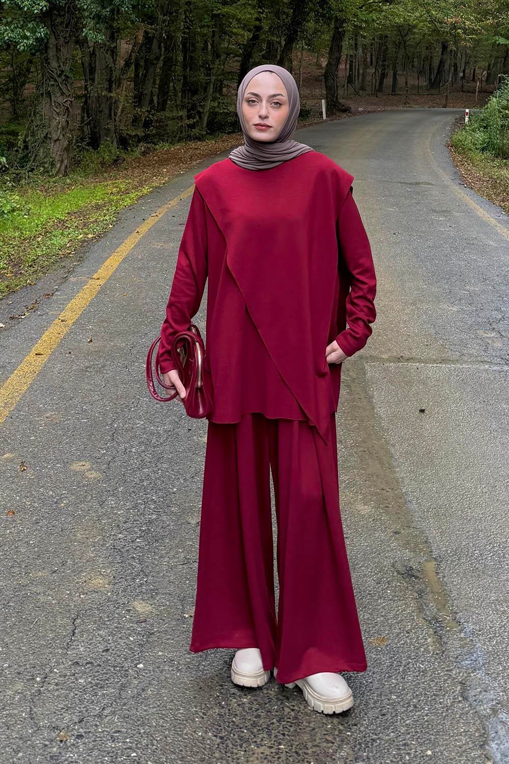 Pelerinli Tesettür Takım Bordo