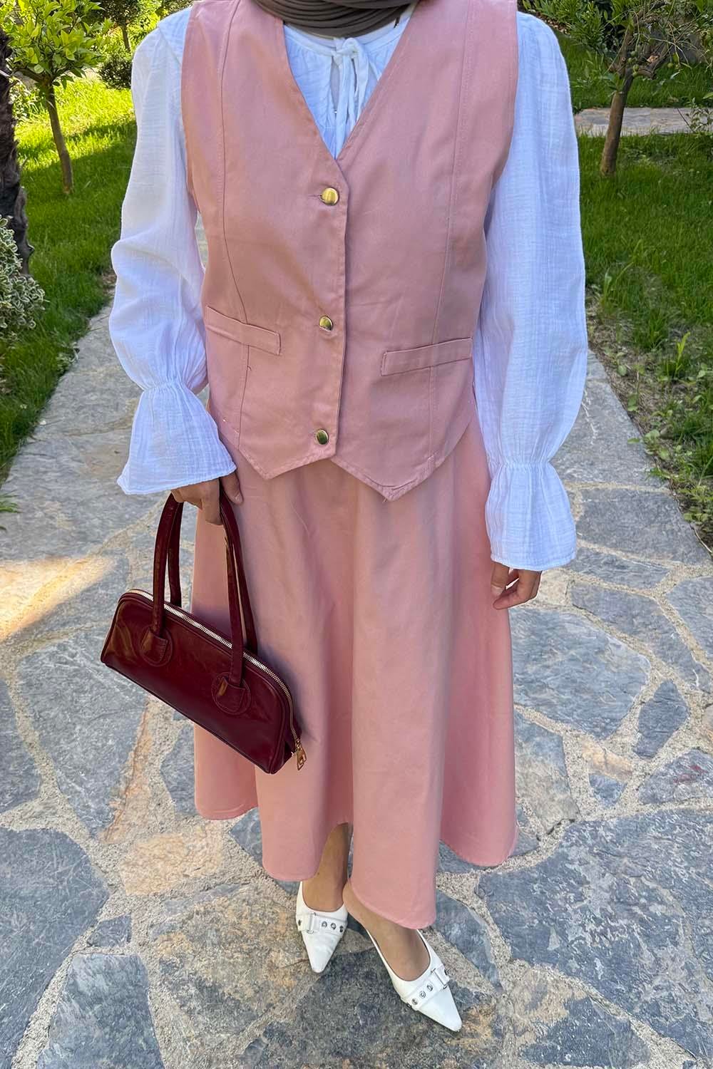Gabardin Yelek-Etek İkili Tesettür Takım Pudra