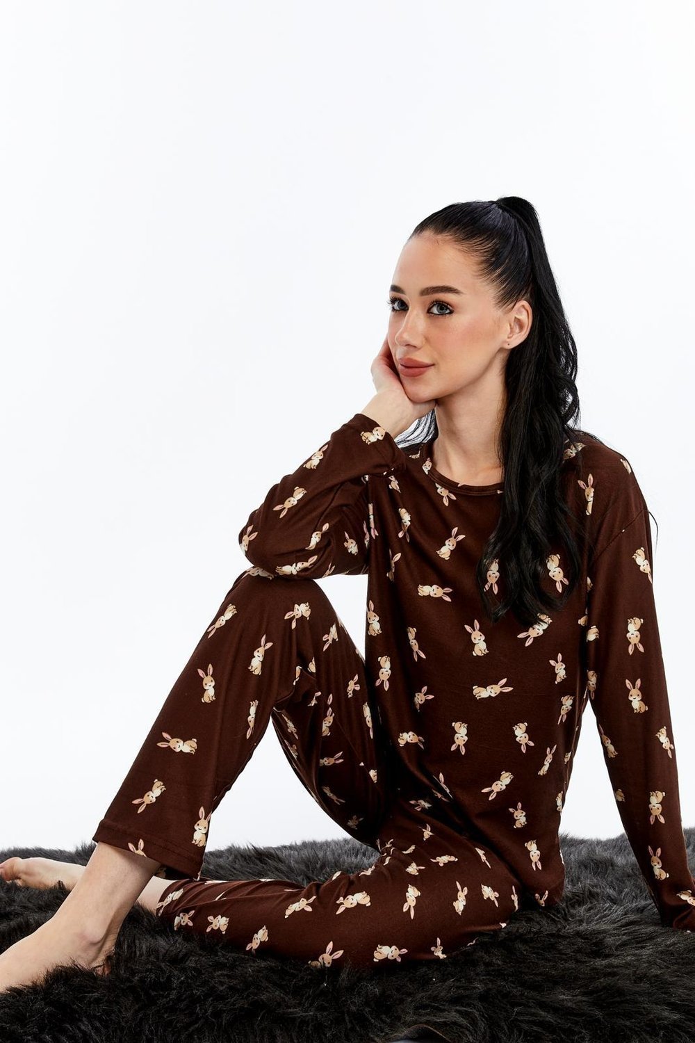 Desenli Pijama Takımı Acı Kahverengi
