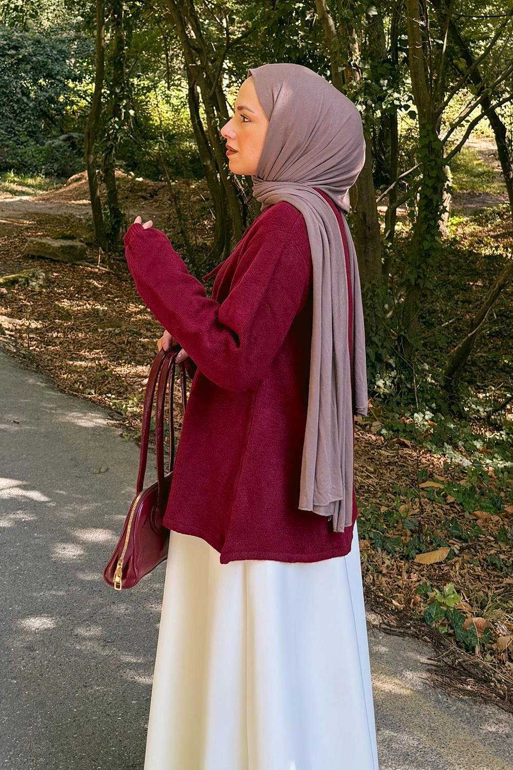 Yaka Bağlama Detaylı Kazak Bordo