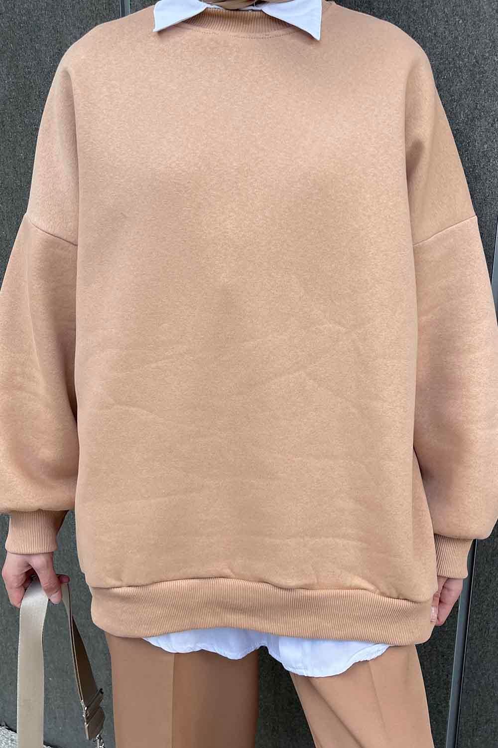 Jasmin Bisiklet Yaka Oversize Sweat Sütlü Kahve