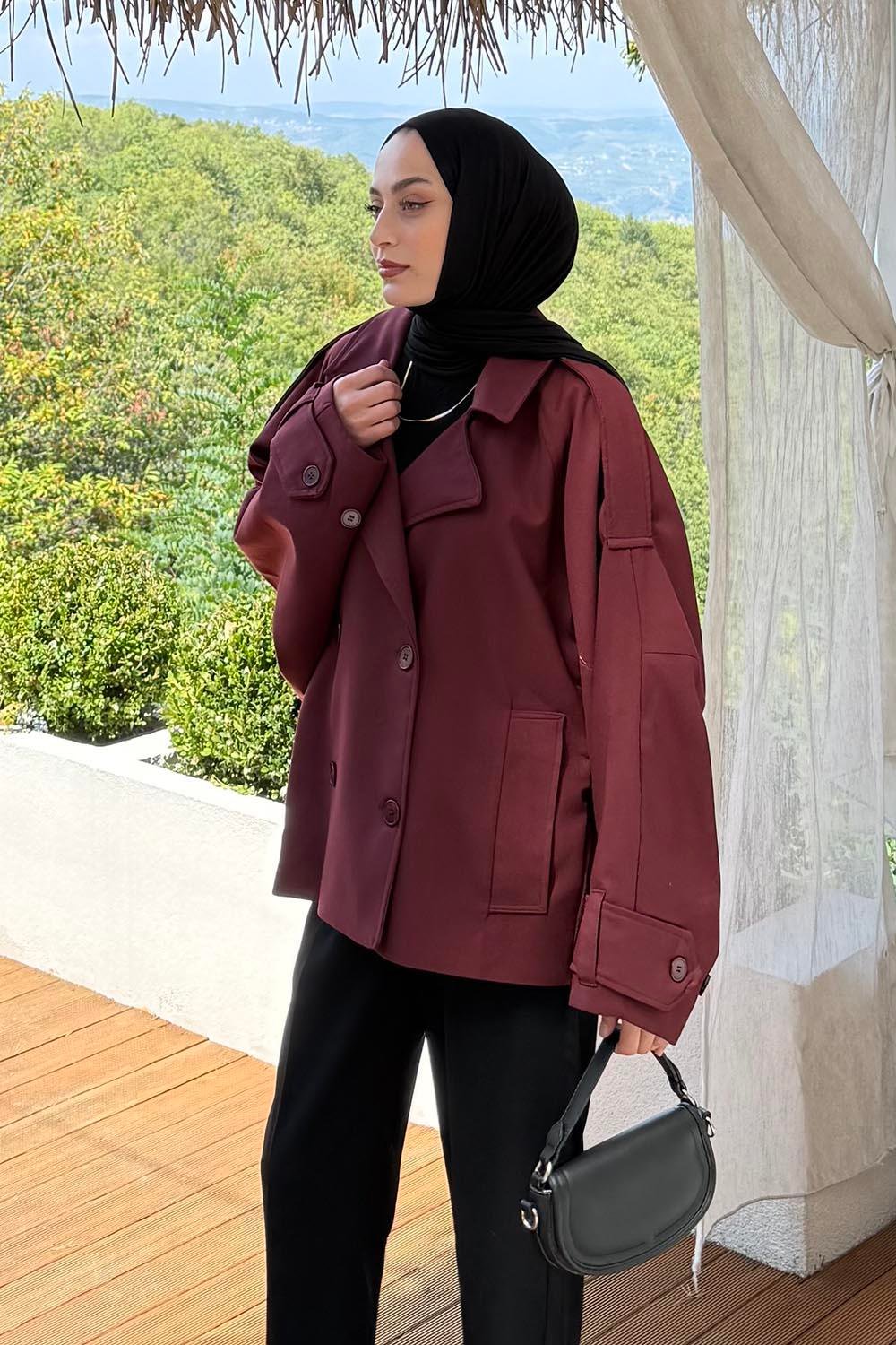 Kruvaze Kısa Tesettür Trençkot Bordo