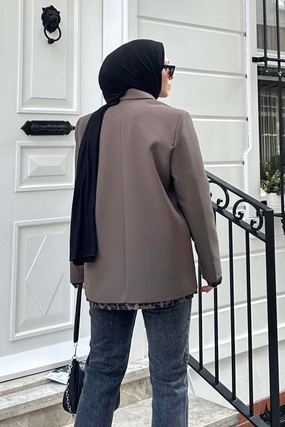 Leopar Detaylı Blazer Ceket vizonrengi