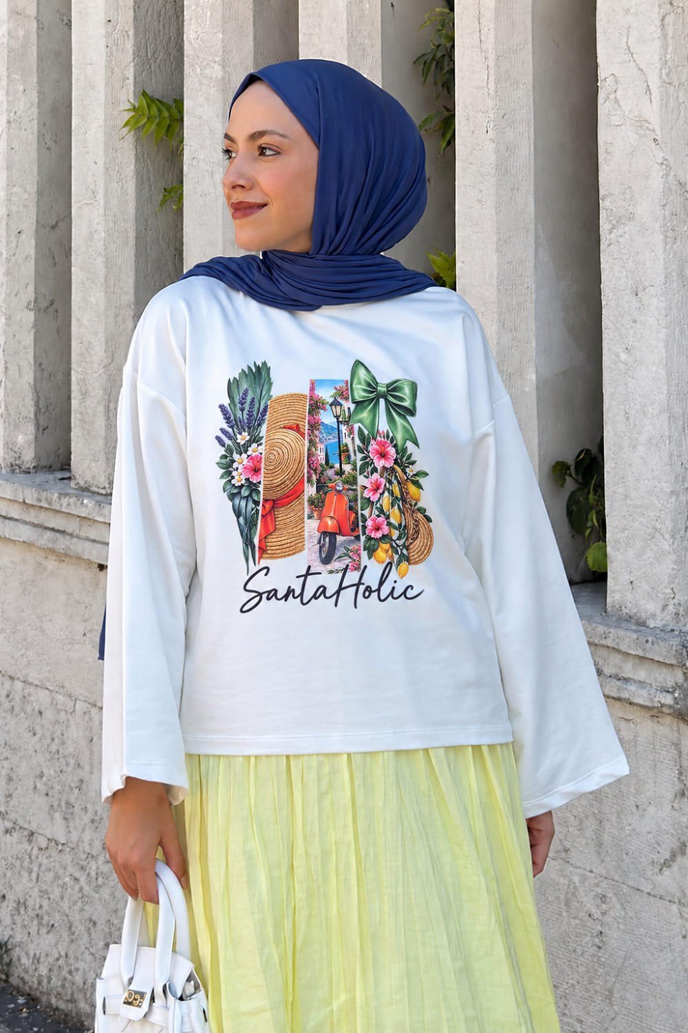 Basic Oversize Yaz Esintisi Baskılı Bluz Beyaz