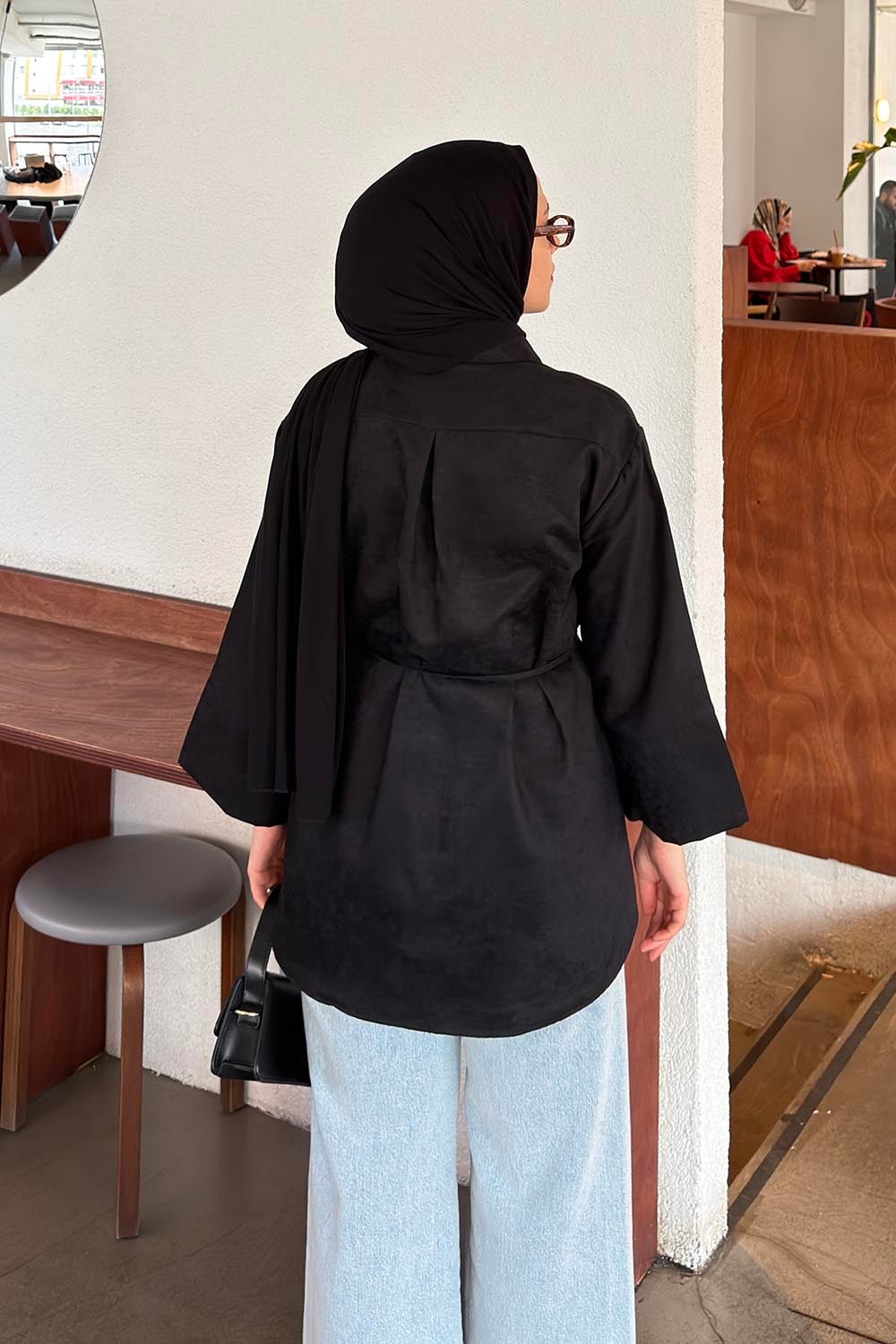 Bağlama Detaylı Süet Gömlek Siyah