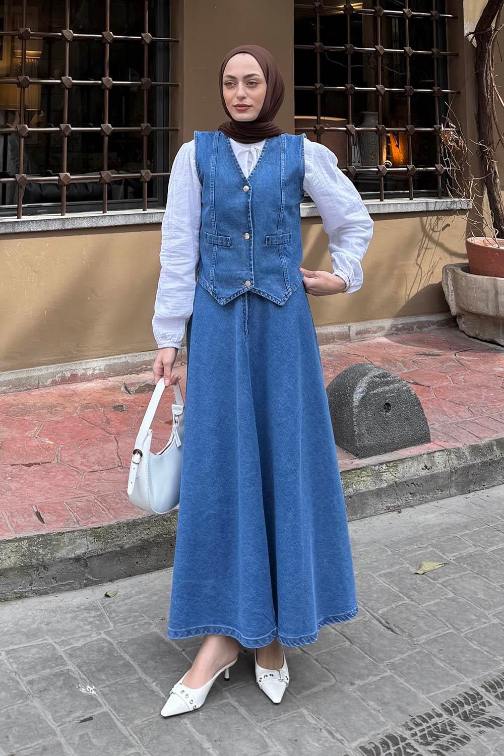 Kruvaz Kapama Kot Etekli Takım Koyu Mavi