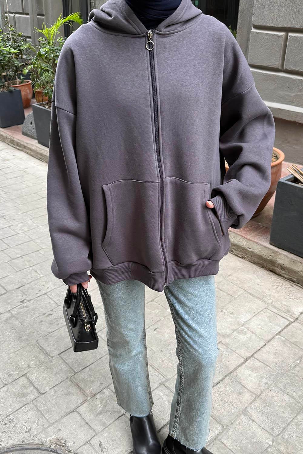 Kapüşonlu Oversize Yan Cepli Sweat Antrasit