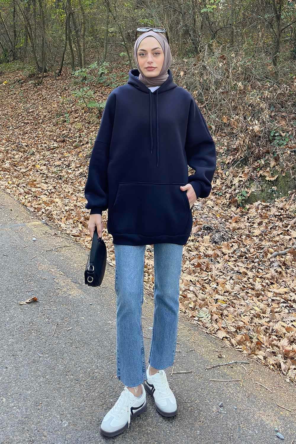Üç İplik Kanguru Cep Sweatshirt Lacivert