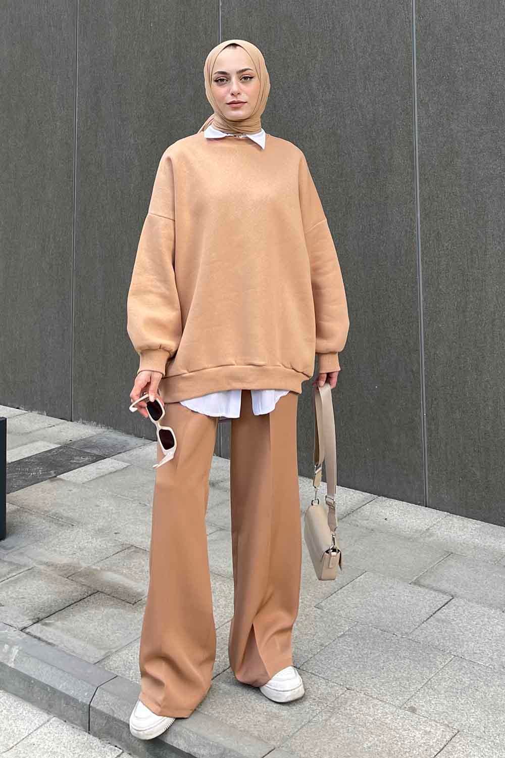 Jasmin Bisiklet Yaka Oversize Sweat Sütlü Kahve