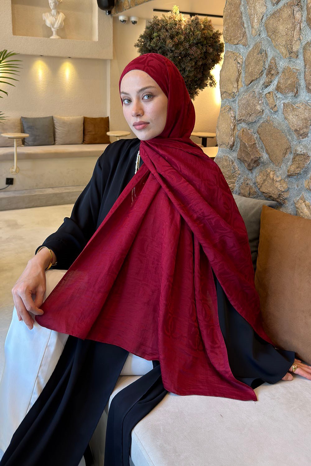 CC Desen Aura Pamuk  Jakar  Şal Bordo
