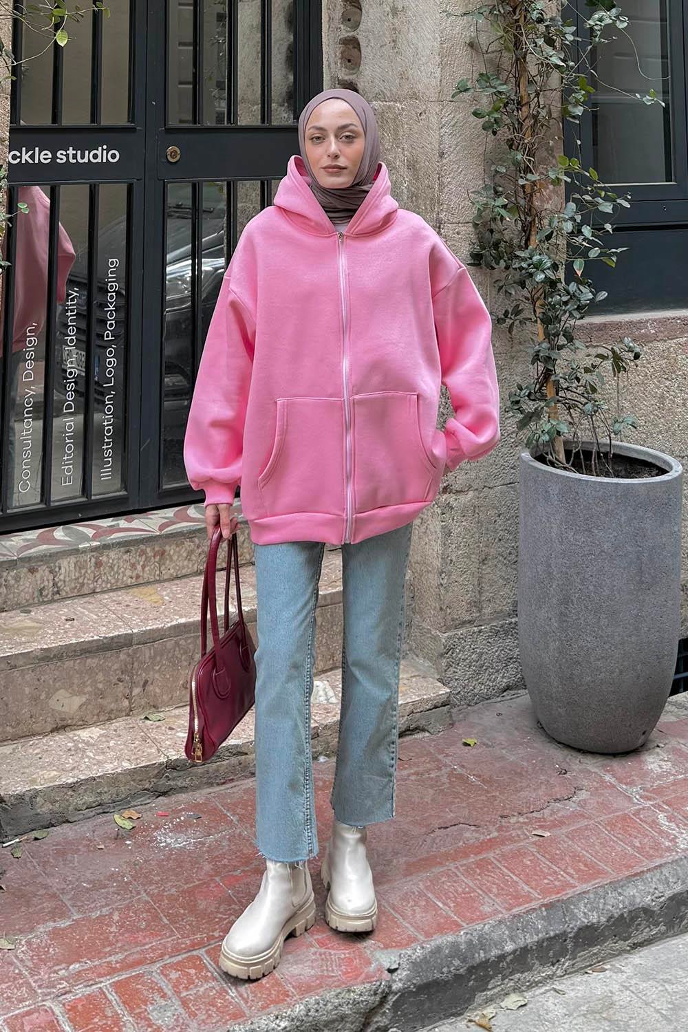 Kapüşonlu Oversize Yan Cepli Sweat Şeker Pembesi