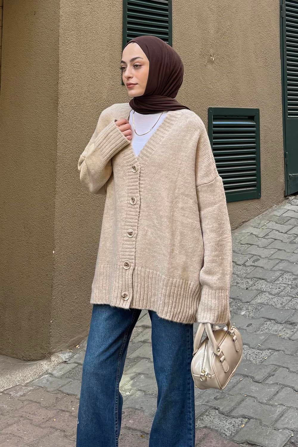 Salaş Dokulu Basic Hırka Bej