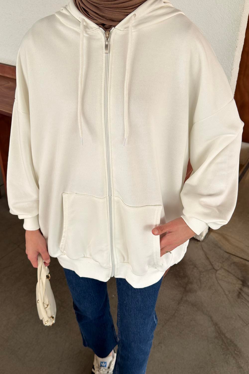 Kapüşonlu Fermuarlı Sweatshirt Hırka Beyaz