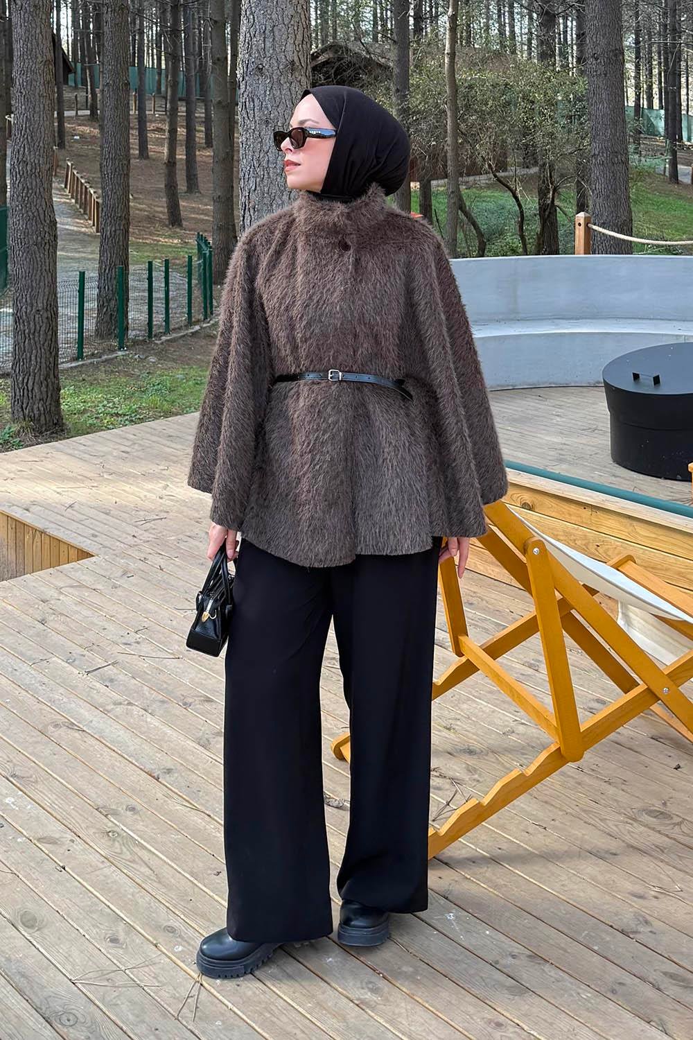 Düğmeli Kemerli Panço Acı Kahverengi