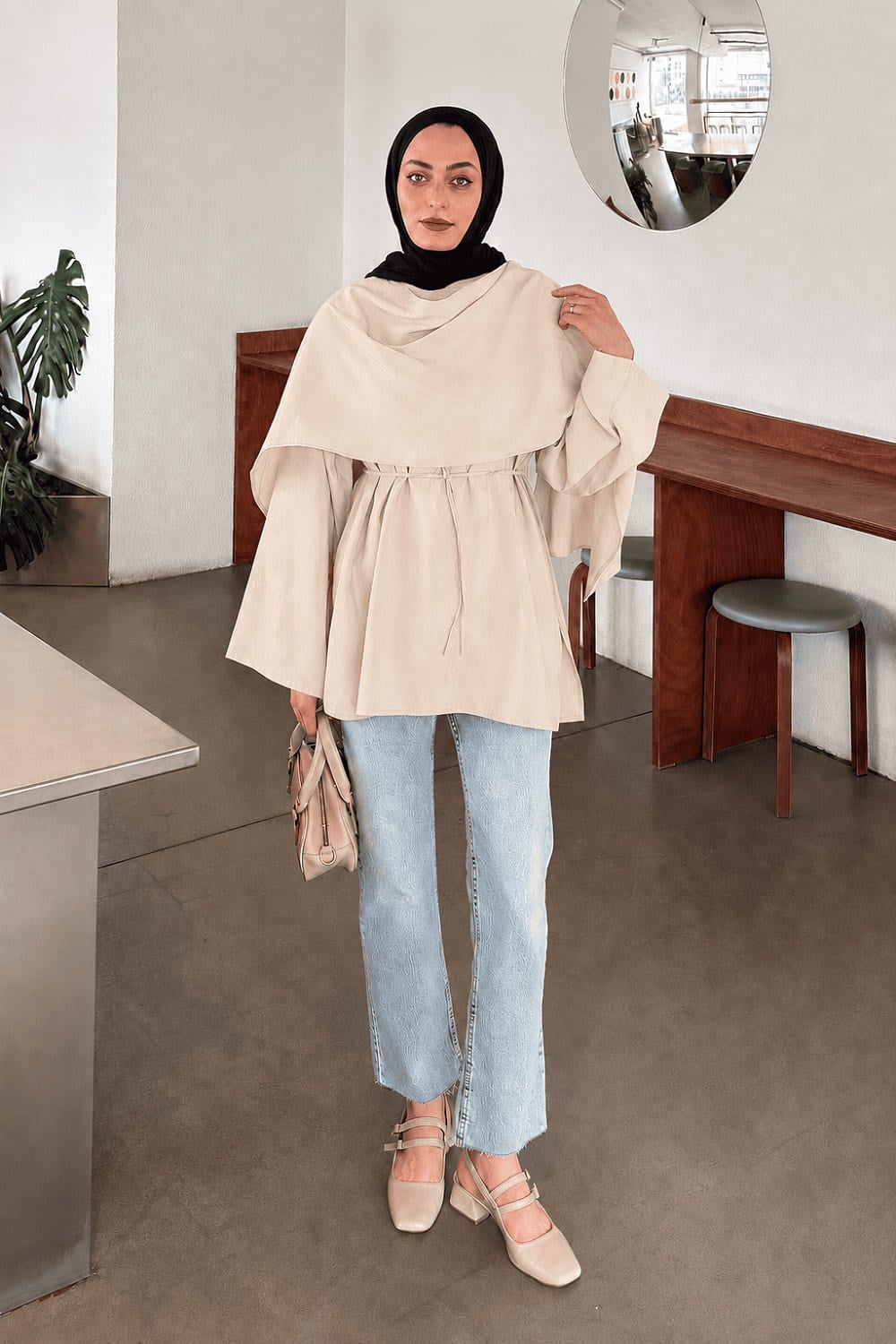 Şallı Bağlama Detaylı Tunik Krem