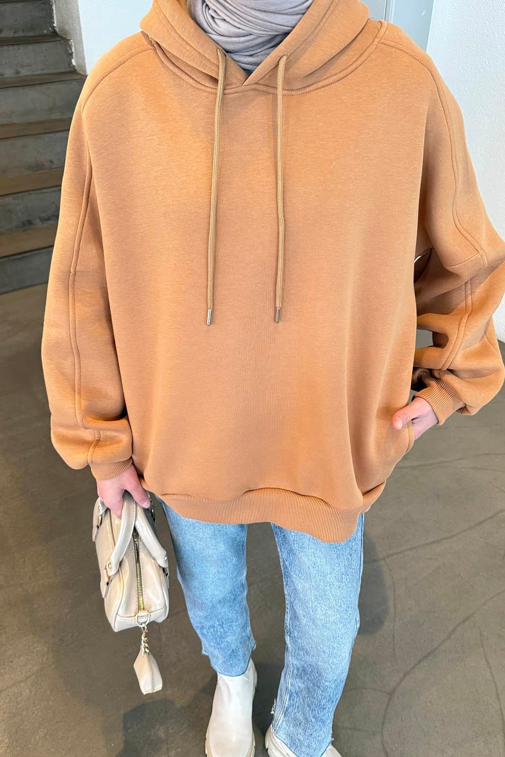 Kapüşonlu Oversize Yan Cepli Sweat Camel