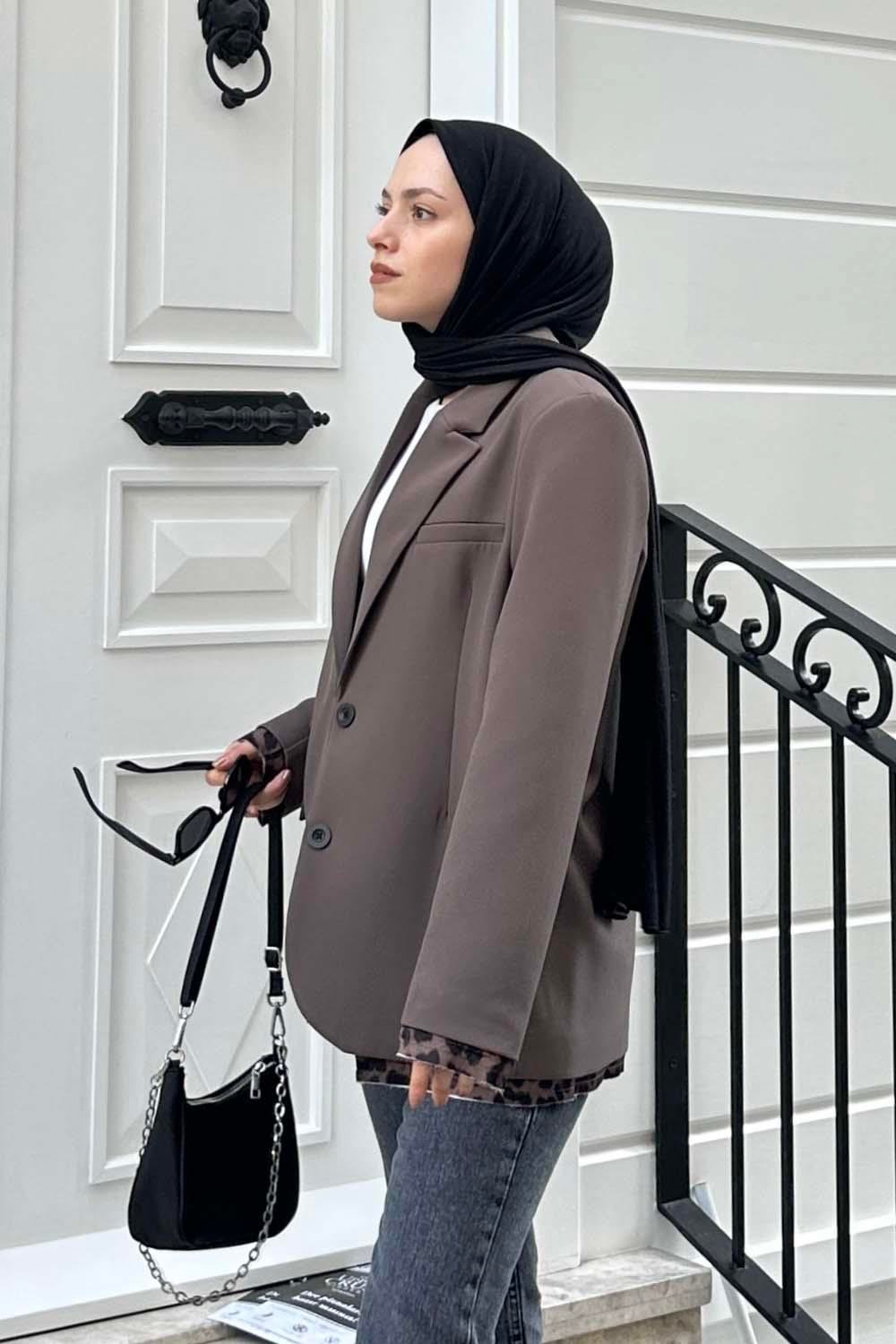 Leopar Detaylı Blazer Ceket vizonrengi