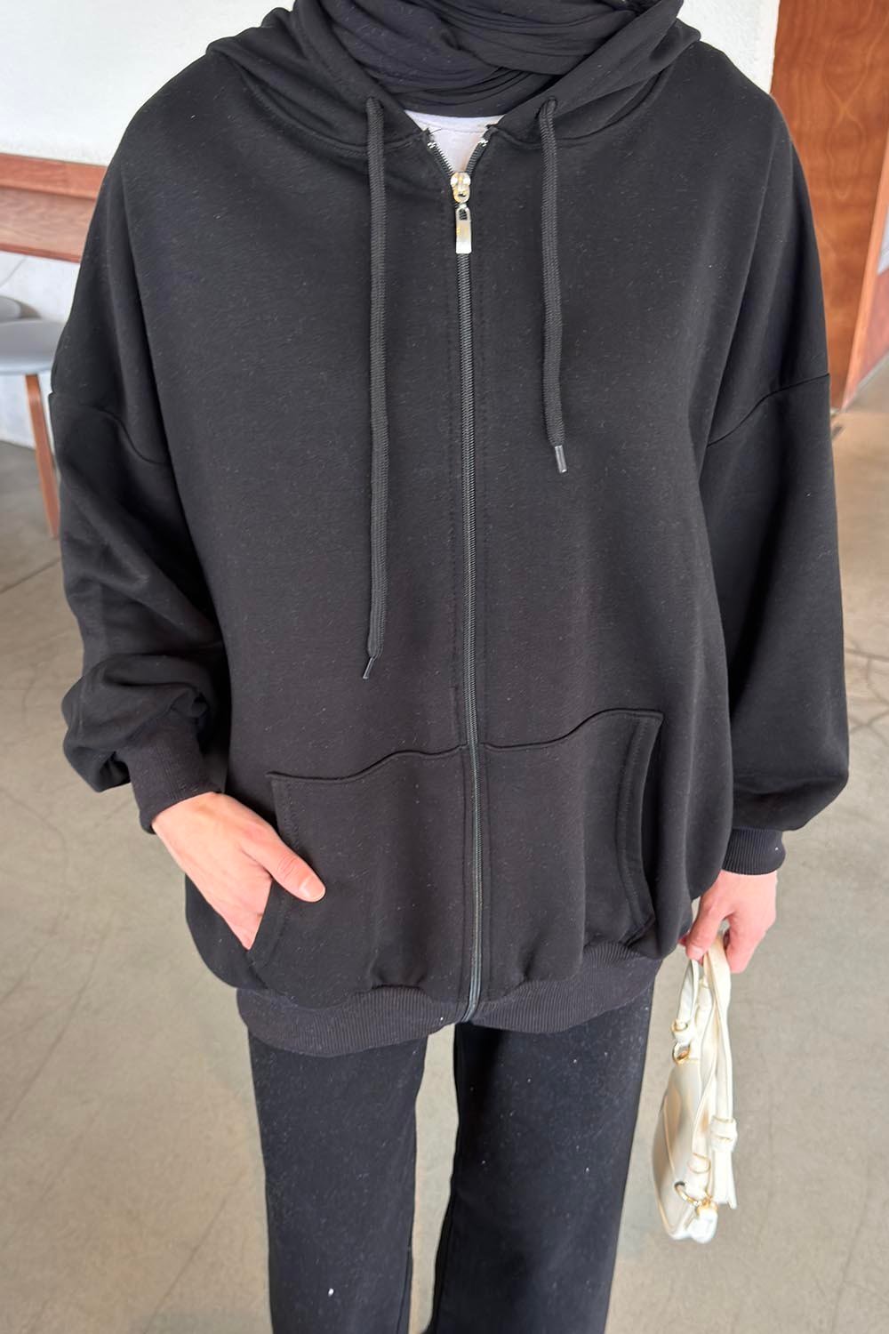 Kapüşonlu Fermuarlı Sweatshirt Hırka Siyah