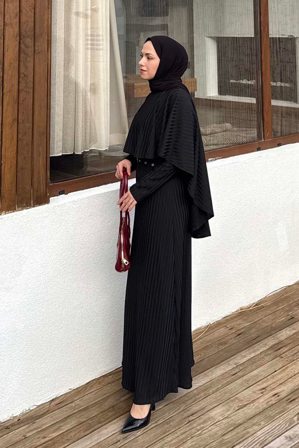Balıksırtı Kemerli Elbise Siyah