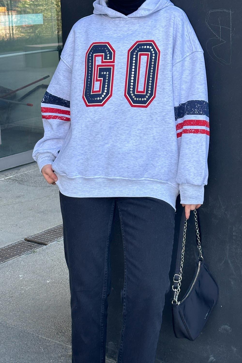 Go Baskılı Üç İplik Sweat Gri