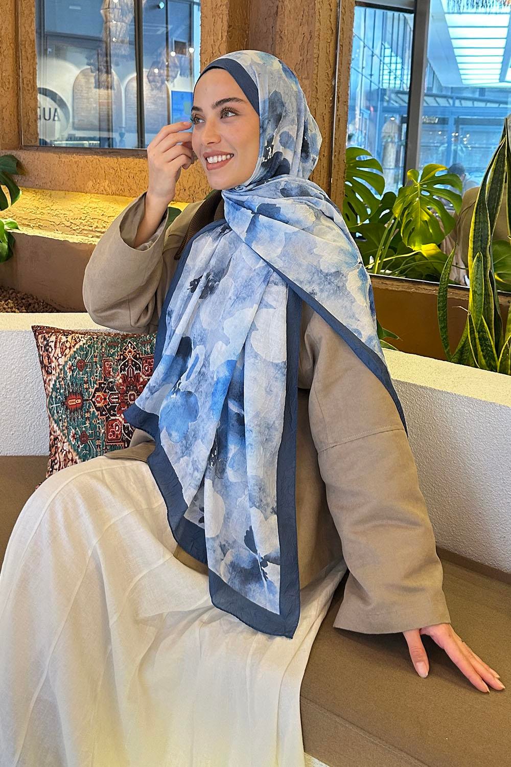 Batik Çiçek Desen Bambu Şal İndigo