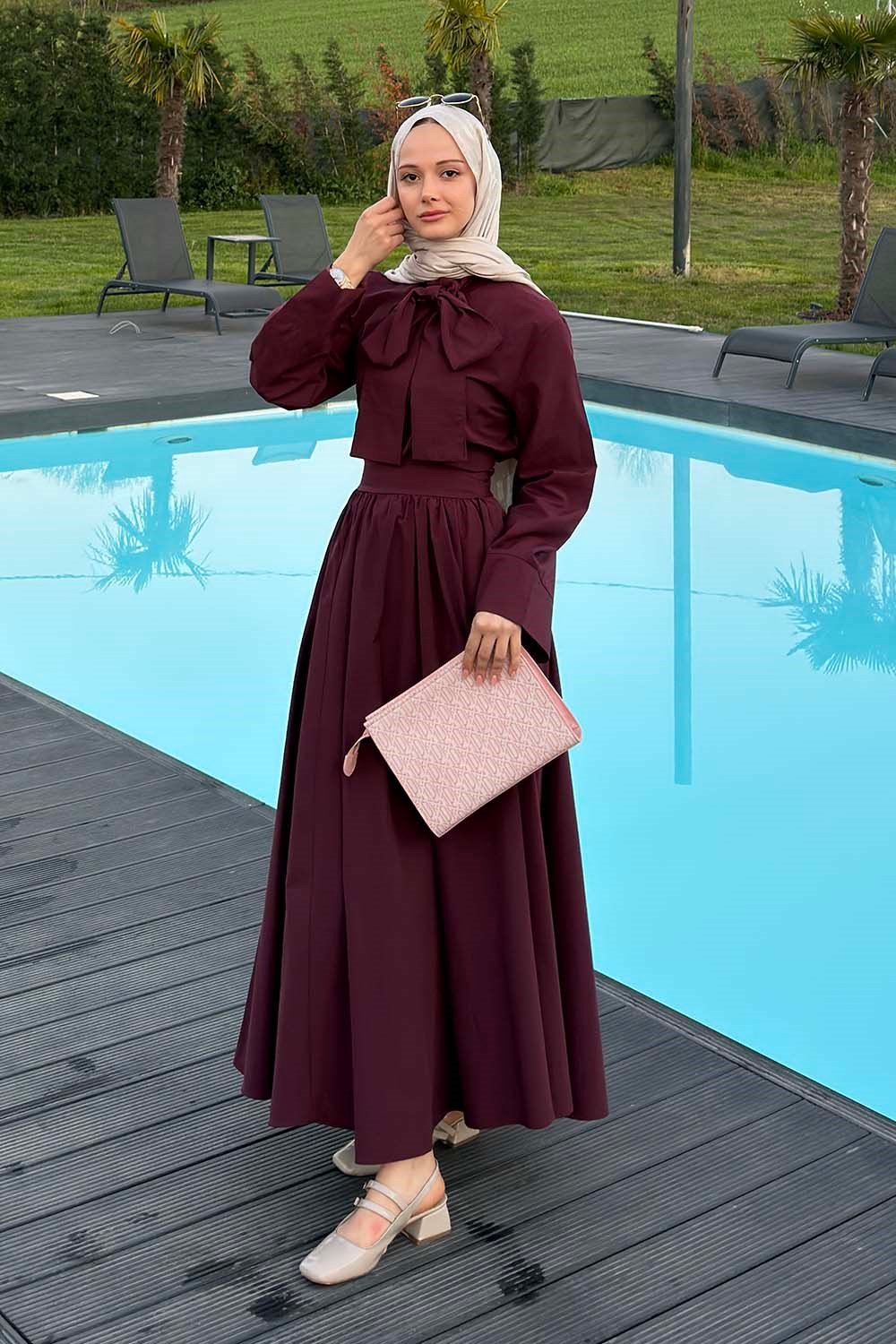 Kravat Yaka Tesettür Takım Mürdüm
