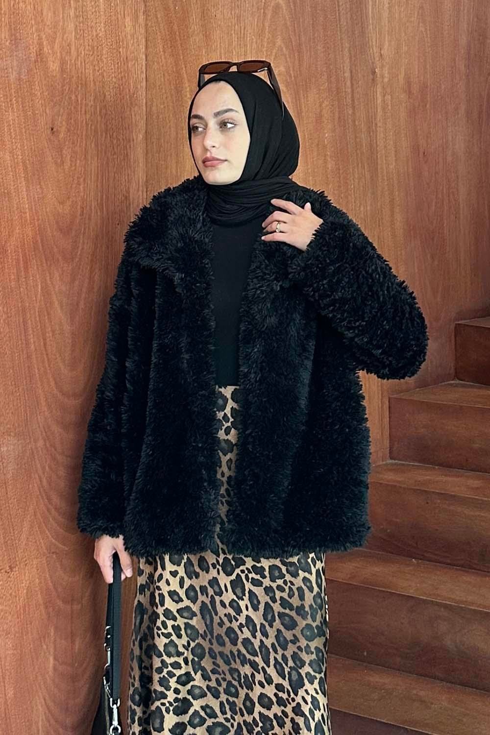 Peluş Detaylı Mont Siyah
